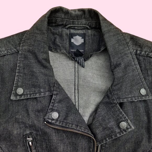 Harley Davidson Denim Moto Jacket Womens XL Dark Gray Slim Fitted Full Zip - Picture 4 of 10